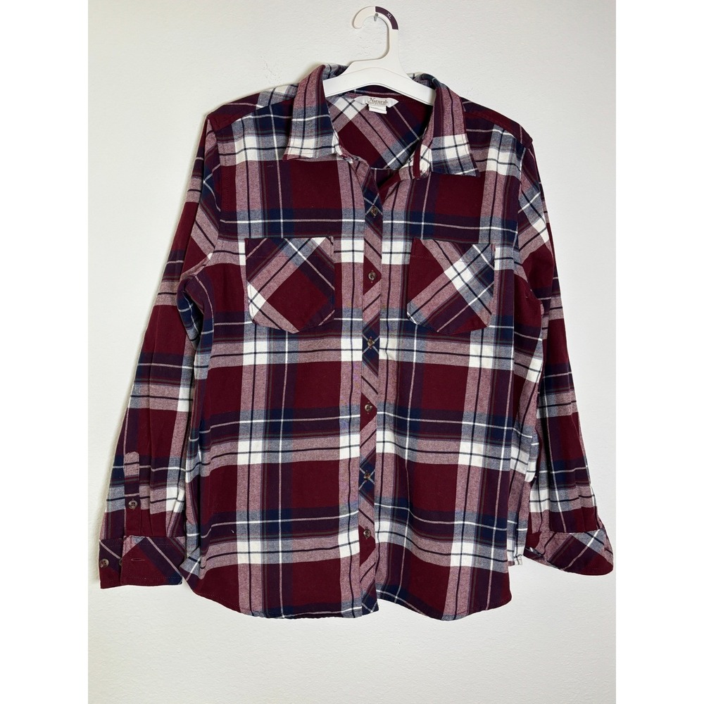 Natural Reflections Womens XL Flannel Shirt Burgundy Plaid Long Sleeve Button Up